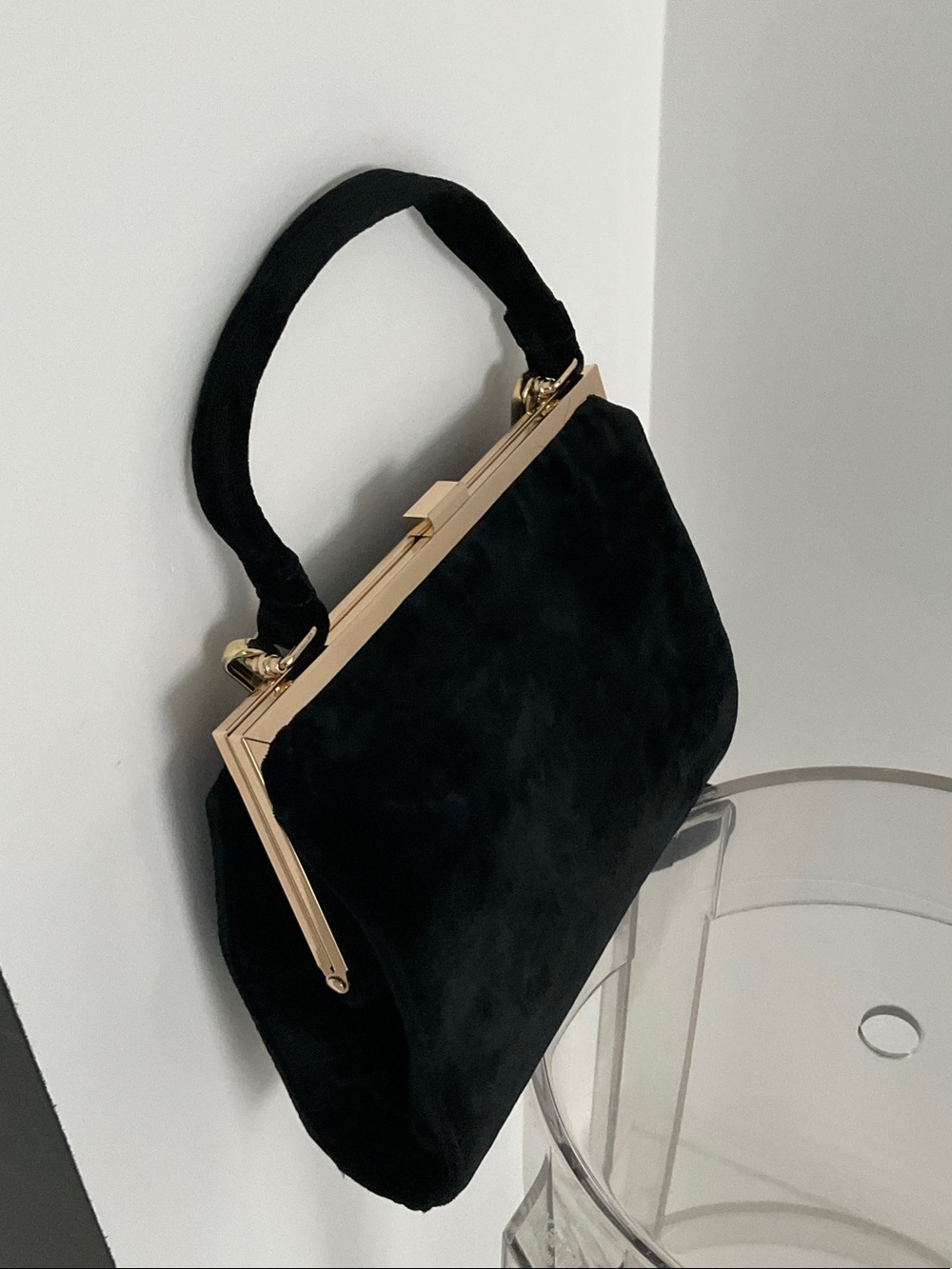 Black Velvet Top-Handle Satchel with Gold Trim - Picture 2 of 7